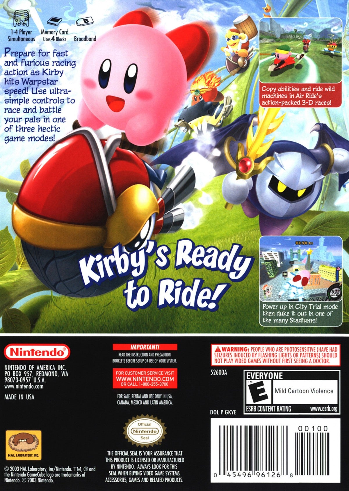 Kirby Air Ride Player’s Choice Nintendo GameCube GC video game, racing action, platformer elements, multiplayer gameplay, classic Nintendo console title back cover