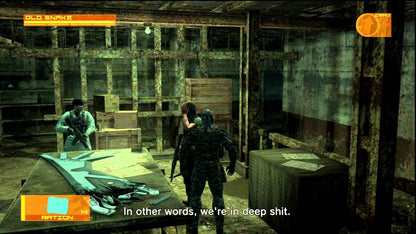 Metal Gear Solid 4 Guns of the Patriots Greatest Hits PlayStation 3 tactical espionage action stealth video game Solid Snake final mission Old Snake Drebin Points system Octocamo camouflage Metal Gear Mk II robot companion battlefield environment control Hideo Kojima conclusion epic storyline online multiplayer modes gameplay screenshot