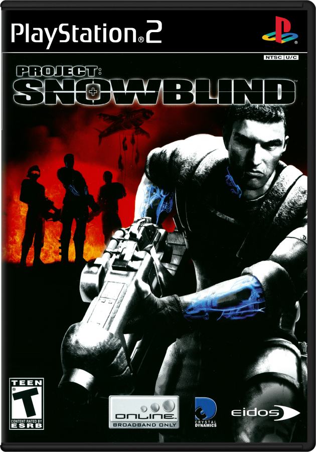 Project Snowblind PS2 PlayStation 2 first person shooter sci fi action game cybernetic combat futuristic warfare stealth and gunplay retro video game cover art