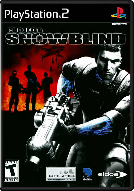 Project Snowblind PS2 PlayStation 2 first person shooter sci fi action game cybernetic combat futuristic warfare stealth and gunplay retro video game cover art