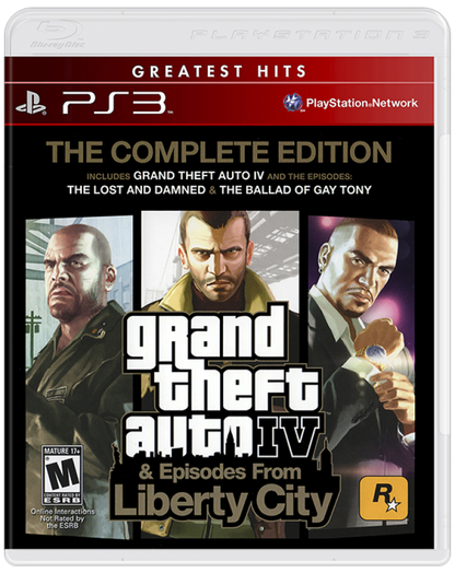 Grand Theft Auto IV and Episodes from Liberty City Greatest Hits PS3 action-adventure video game cover art.