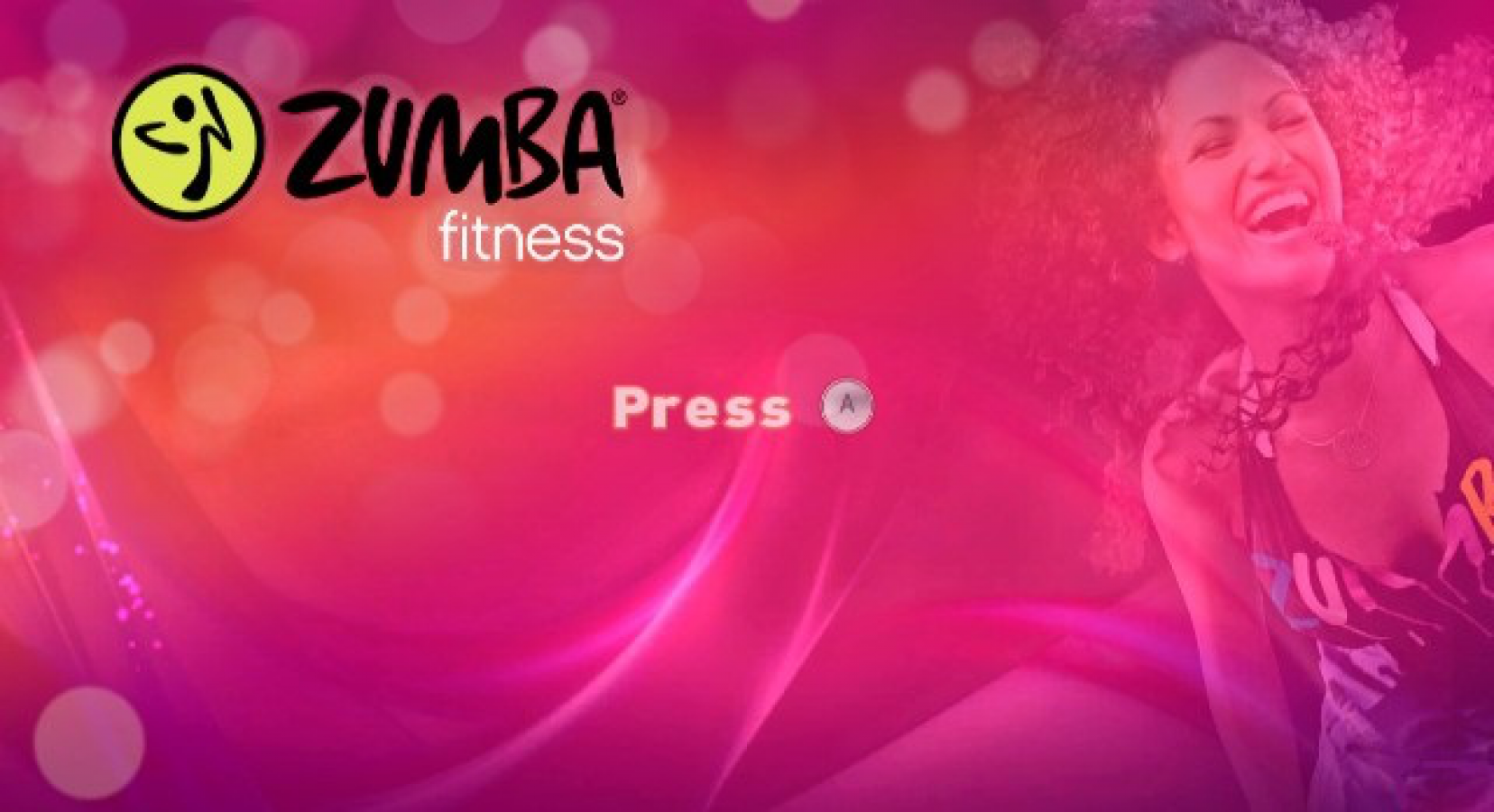 Zumba Fitness: Join the Party title screen Nintendo Wii (Wii) featuring high‑energy dance workouts with Latin and international music, vibrant party‑style visuals, and interactive fitness routines designed for fun and exercise
