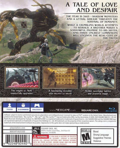 NieR Replicant for PS4 featuring action RPG gameplay and emotional fantasy artwork back cover art