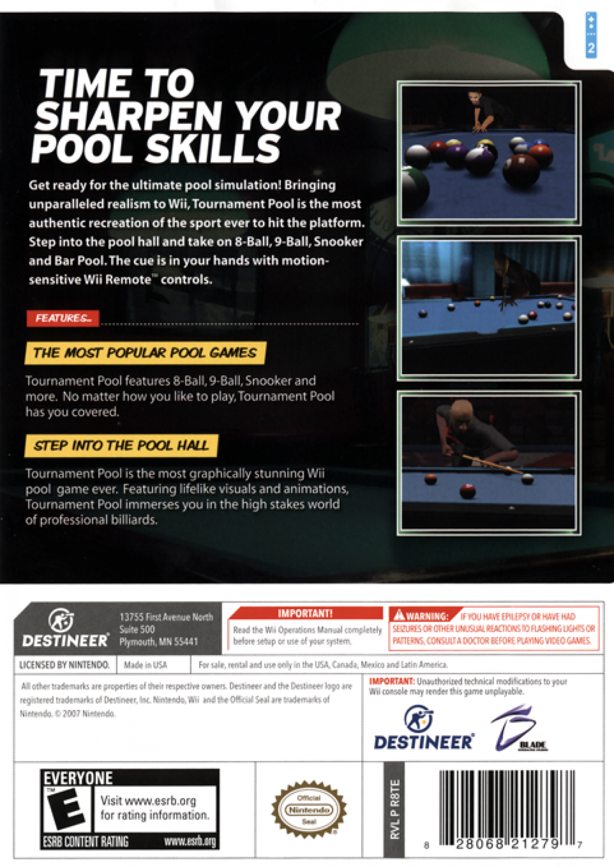 Tournament Pool back cover art for Nintendo Wii (Wii) featuring realistic cue‑sports gameplay with 9‑ball, 8‑ball, and snooker modes, plus competitive tournaments.