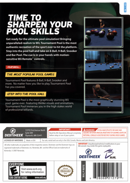 Tournament Pool back cover art for Nintendo Wii (Wii) featuring realistic cue‑sports gameplay with 9‑ball, 8‑ball, and snooker modes, plus competitive tournaments.