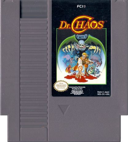 Dr Chaos Nintendo Entertainment System NES action adventure video game featuring Dr Chaos exploration mysterious environments platforming combat monsters weapons puzzles challenging stages and classic Nintendo Entertainment System NES gameplay collectible retro gaming appeal game cartridge