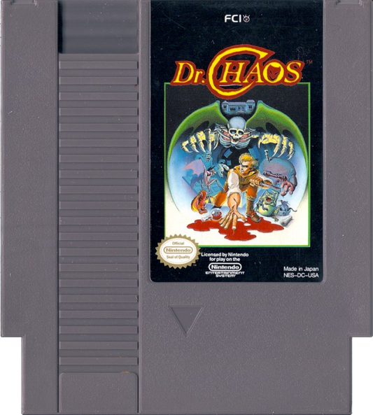 Dr Chaos Nintendo Entertainment System NES action adventure video game featuring Dr Chaos exploration mysterious environments platforming combat monsters weapons puzzles challenging stages and classic Nintendo Entertainment System NES gameplay collectible retro gaming appeal game cartridge