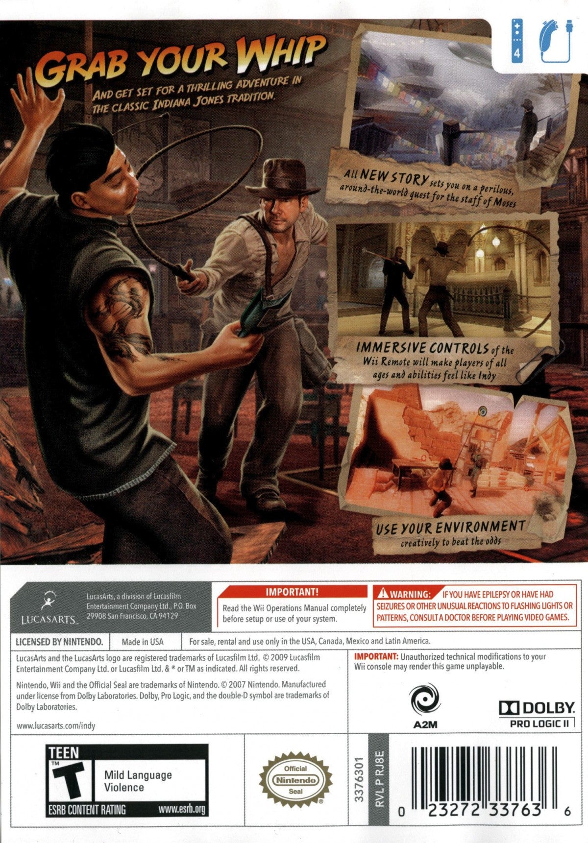 Indiana Jones and the Staff of Kings – Nintendo Wii (Wii) action-adventure cinematic platformer video game back of case