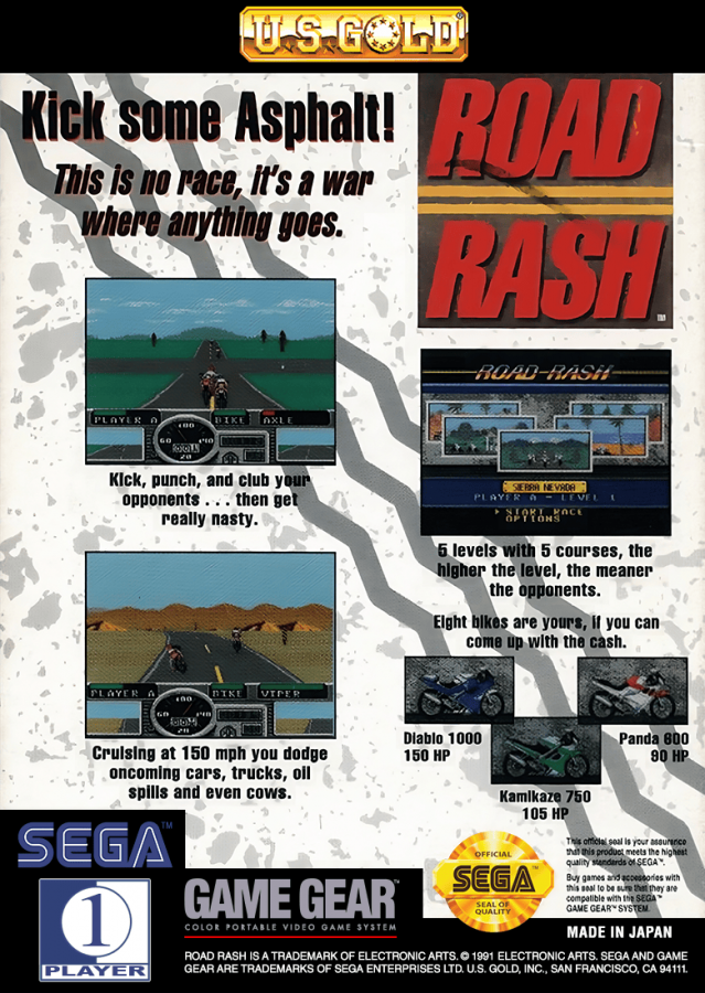 Road Rash back cover art for Sega Game Gear (GG) video game