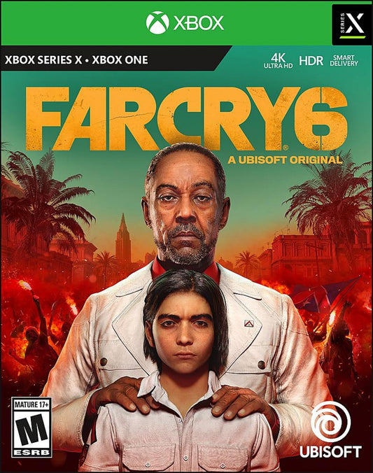 Far Cry 6 for Xbox Series X (XSX) at Gamers INC, featuring the explosive open-world revolution set in the tropical paradise of Yara, where you play as Dani Rojas fighting to liberate your nation from the iron-fisted rule of dictator Antón Castillo, utilizing "Resolver" makeshift weaponry, a menagerie of animal companions, and seamless co-op in a sprawling guerrilla warfare experience optimized with 4K resolution and 60fps performance front cover