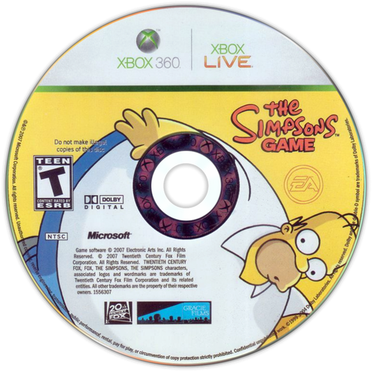 The Simpsons Game for Xbox 360 action adventure video game featuring humor filled levels based on the iconic animated series, cooperative gameplay, satirical parody elements, and interactive Springfield exploration experience disc