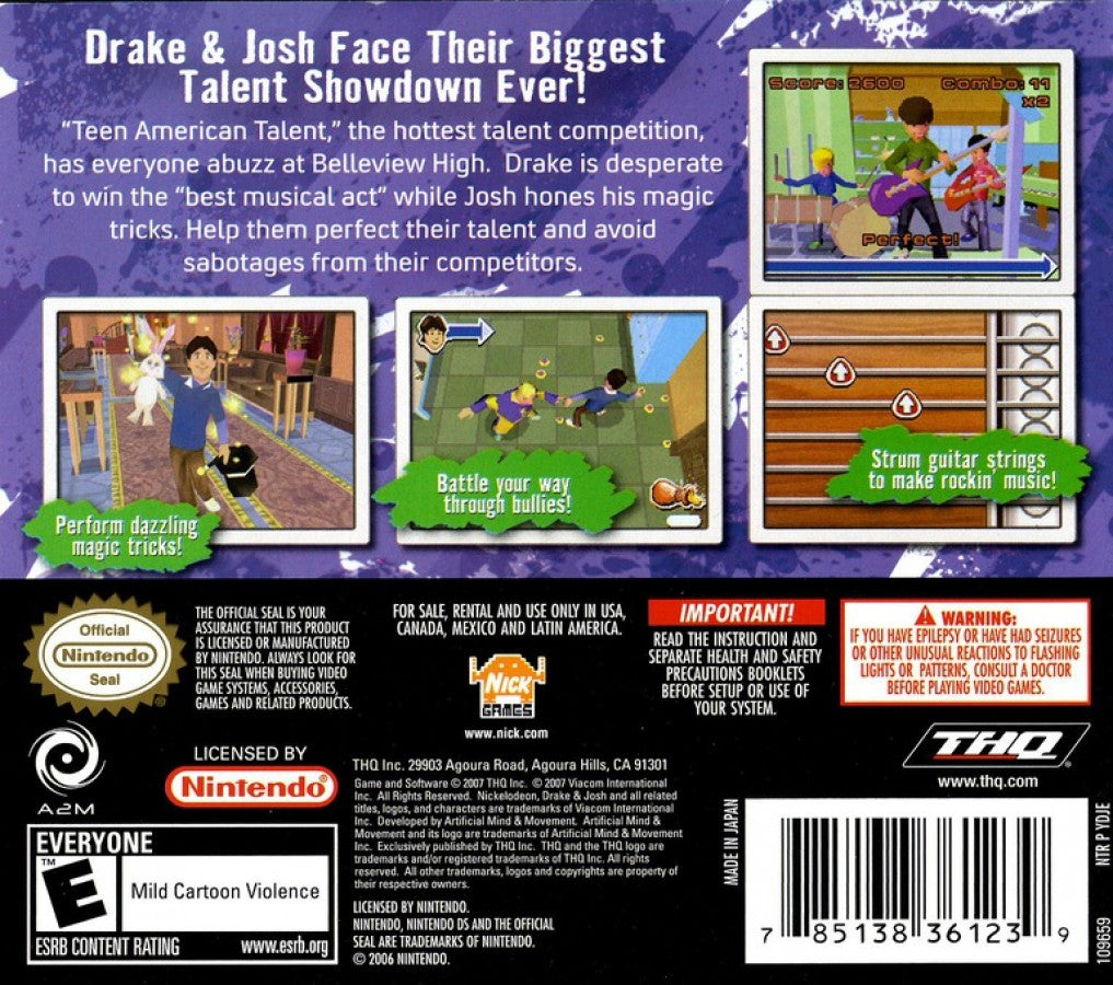 Drake & Josh: Talent Showdown for Nintendo DS with mini-game challenges based on the TV series back cover
