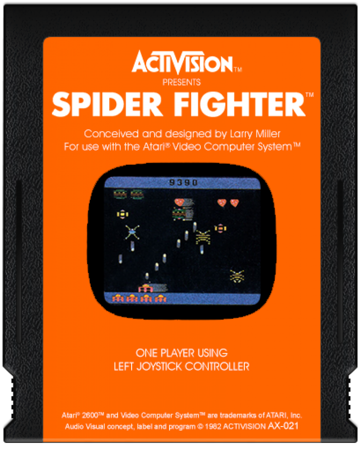 Spider Fighter retro Atari 2600 video game featuring space shooter action, alien spider combat, arcade gameplay and classic Atari console adventure - cartridge
