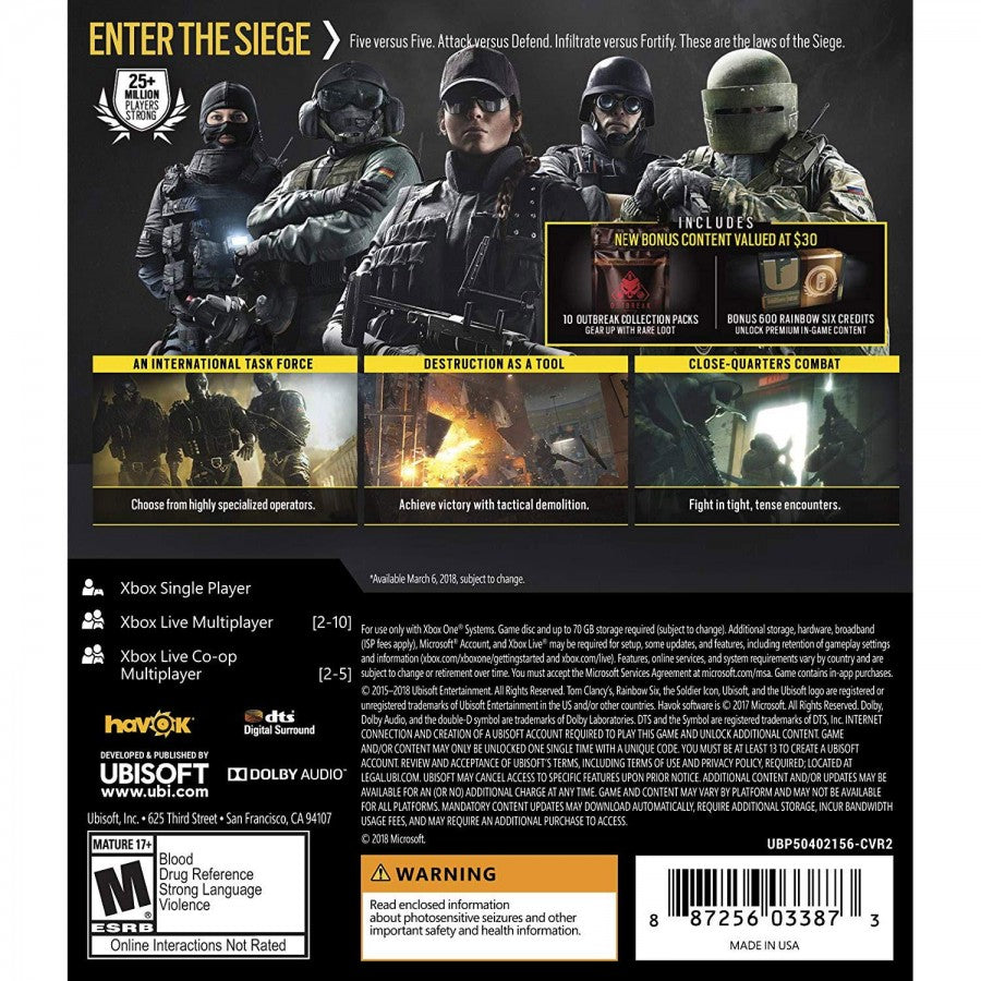 Tom Clancy's Rainbow Six: Siege [Advanced Edition] – Xbox One (XONE) back of case for tactical first-person shooter video game