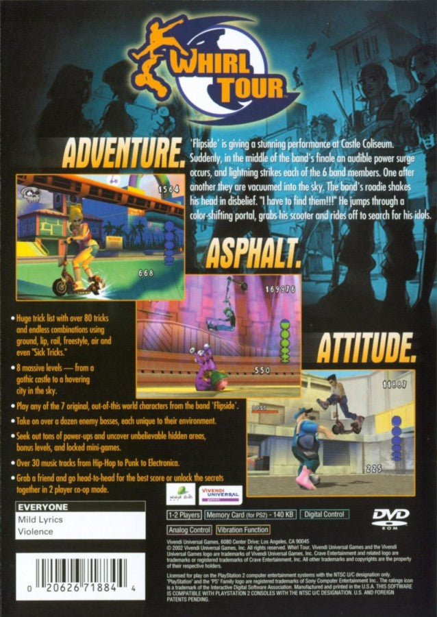 Whirl Tour – PlayStation 2 (PS2) video game back of case, extreme sports.