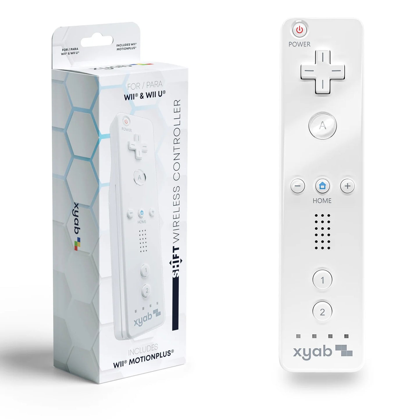 White XYAB brand Wii Remote with built-in Motion Plus controller compatible with Nintendo Wii