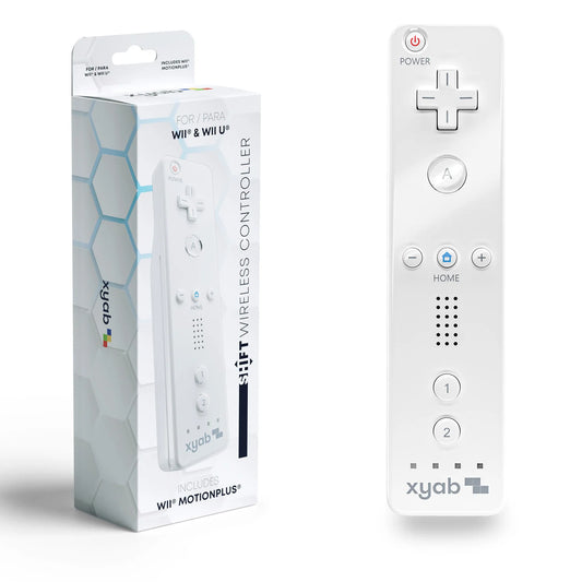 White XYAB brand Wii Remote with built-in Motion Plus controller compatible with Nintendo Wii