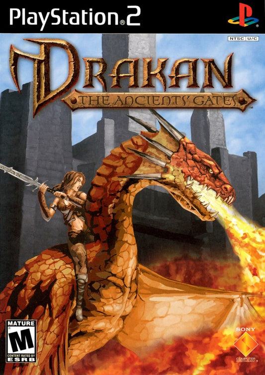 Drakan The Ancients' Gates PlayStation 2 PS2 for action adventure video game fans featuring fantasy exploration dragon riding aerial combat hack and slash battles magical abilities puzzle solving epic quests immersive storytelling expansive worlds collectible gaming appeal front cover art