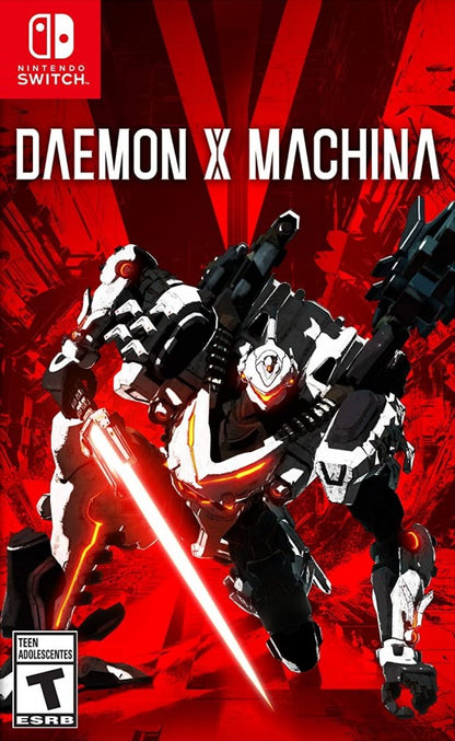 Daemon X Machina Nintendo Switch inspired design featuring high speed mech action aesthetic customizable armored suits futuristic warfare intense aerial combat sci fi battlefields explosive robotic encounters anime inspired gameplay presentation cover art 