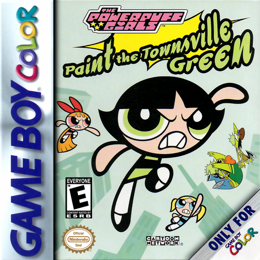The Powerpuff Girls Paint the Townsville Green for Game Boy Color, cover image for a platformer video game with side-scrolling gameplay, character-based levels, cartoon-style action, and enemy combat challenges