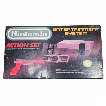 Nintendo Entertainment System NES Console Action Set CIB complete in box gaming system featuring the classic NES console controllers Zapper light gun game accessories original packaging home console setup classic Nintendo hardware and collectible retro gaming appeal front box art