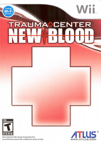Trauma Center: New Blood cover art for Nintendo Wii (Wii) featuring motion‑controlled surgical gameplay, cooperative operations, and a dramatic story of medical challenges.