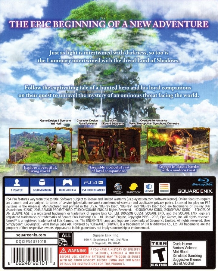 Dragon Quest XI Echoes of an Elusive Age PlayStation 4 PS4 for retro video game enthusiasts featuring fantasy role playing gameplay turn based combat mechanics expansive world exploration memorable characters epic story driven adventure classic JRPG elements and collectible back cover