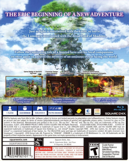 Dragon Quest XI Echoes of an Elusive Age PlayStation 4 PS4 for retro video game enthusiasts featuring fantasy role playing gameplay turn based combat mechanics expansive world exploration memorable characters epic story driven adventure classic JRPG elements and collectible back cover