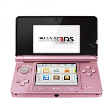 Nintendo 3DS handheld console Pink Pearl, portable gaming system, dual-screen Nintendo device, retro and modern game compatibility open view of screens