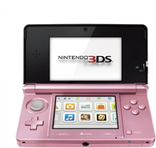 Nintendo 3DS handheld console Pink Pearl, portable gaming system, dual-screen Nintendo device, retro and modern game compatibility open view of screens