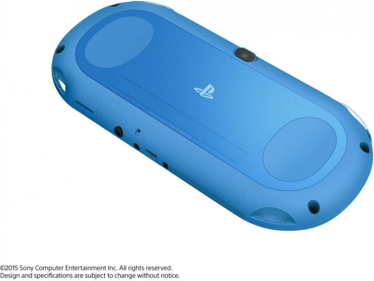 PlayStation Vita 2000 PCH-2000 series Aqua Blue handheld console with OLED screen Wi-Fi connectivity and portable gaming library back cover from PlayStation