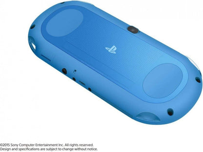 PlayStation Vita 2000 PCH-2000 series Aqua Blue handheld console with OLED screen Wi-Fi connectivity and portable gaming library back cover from PlayStation