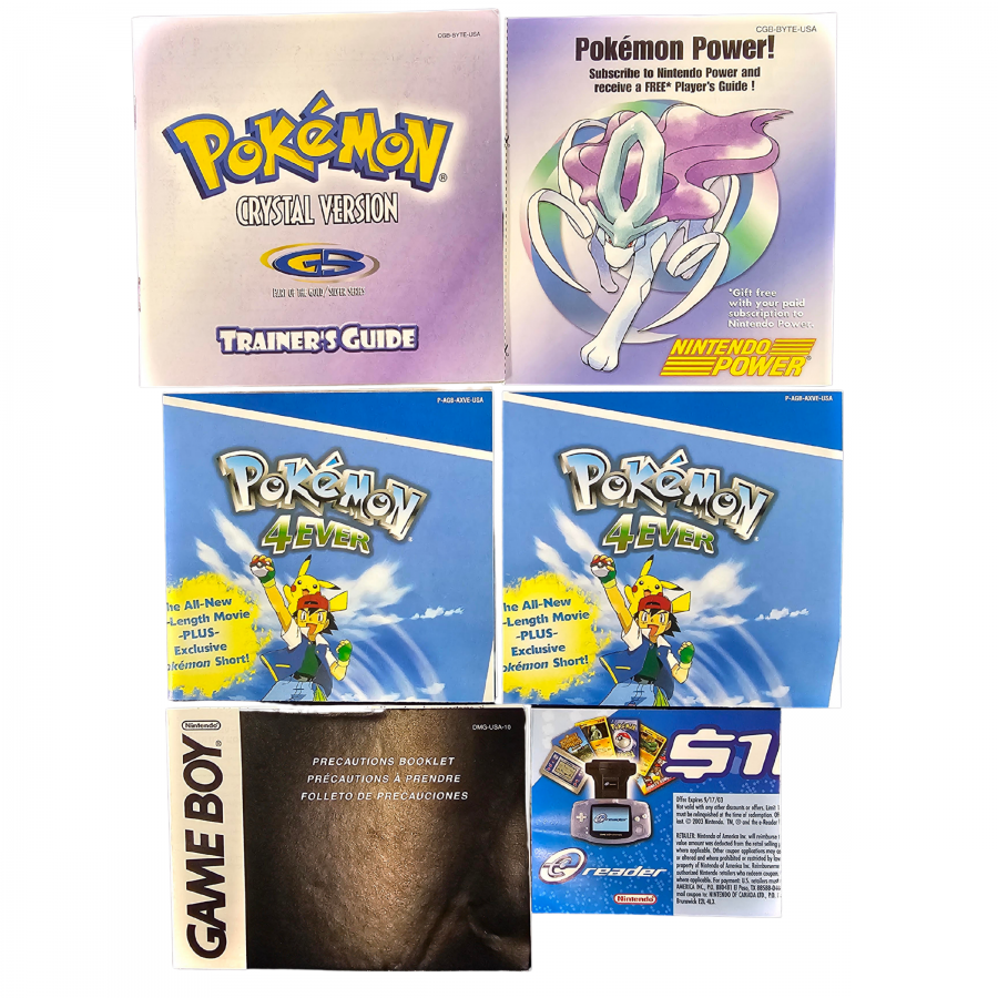 Pokémon Crystal CIB Game Boy Color GBC for role playing video game fans featuring Pokémon catching and training Johto region exploration turn based battles Gym Leaders Elite Four animated Pokémon battles Suicune encounters Battle Tower trading and classic Game Boy Color gameplay collectible retro gaming appeal CIB inserts