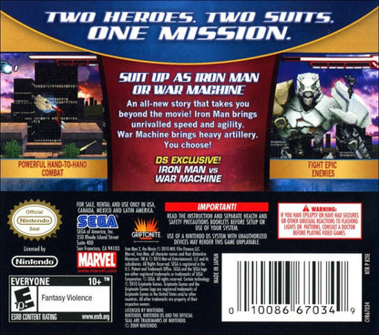 Iron Man 2 for Nintendo DS action adventure superhero game based on the Marvel film featuring armored combat missions villains upgrades touchscreen gameplay back cover