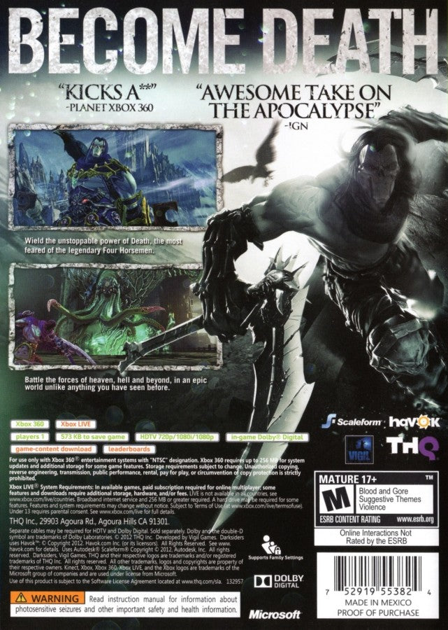 Darksiders II Limited Edition Xbox 360 action-adventure game featuring mythic hack-and-slash combat open world exploration dual weapon combos puzzle solving RPG progression deep storyline and exclusive bonus content (such as artbook, soundtrack, and special packaging) included in the Limited Edition version by Darksiders II back cover