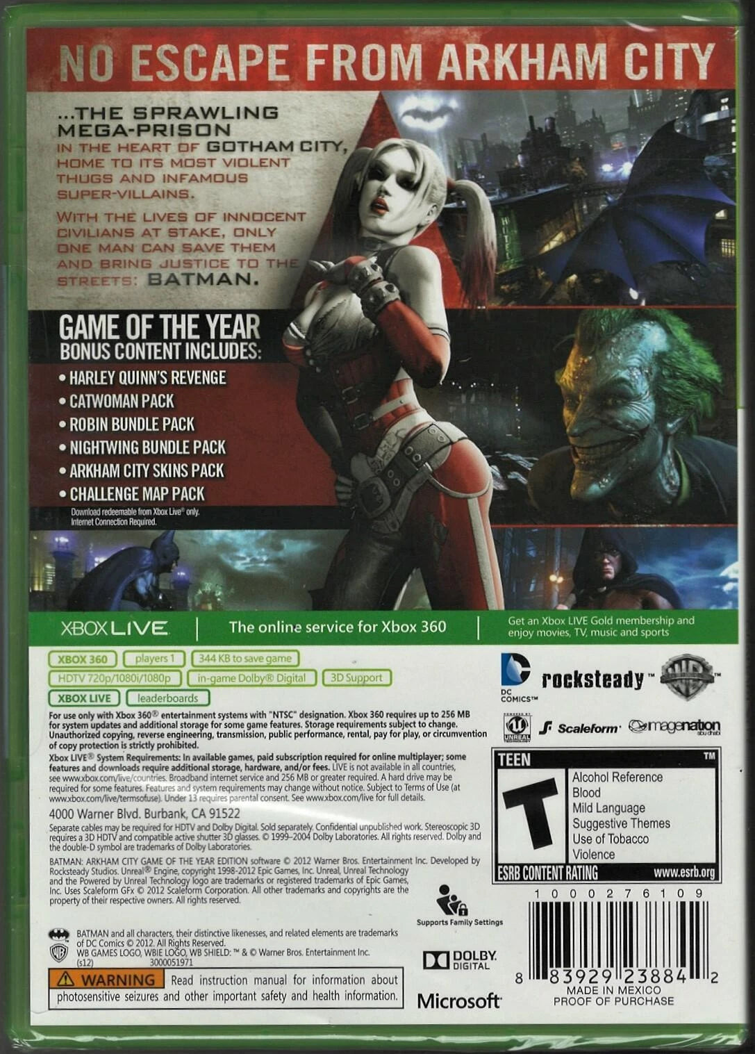 Batman: Arkham City – Game of the Year Edition Platinum Hits edition for Xbox 360 action adventure superhero game featuring Batman and Joker bonus DLC content rated T for Teen back cover