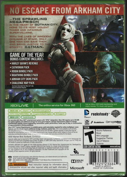Batman: Arkham City – Game of the Year Edition Platinum Hits edition for Xbox 360 action adventure superhero game featuring Batman and Joker bonus DLC content rated T for Teen back cover