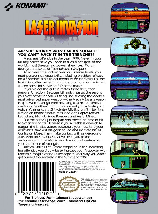Laser Invasion Nintendo Entertainment System NES video game featuring military action gameplay helicopter combat first person shooting missions vehicle battles enemy attacks strategic objectives and classic 8 bit action retro video game collection collectible gaming appeal back cover art