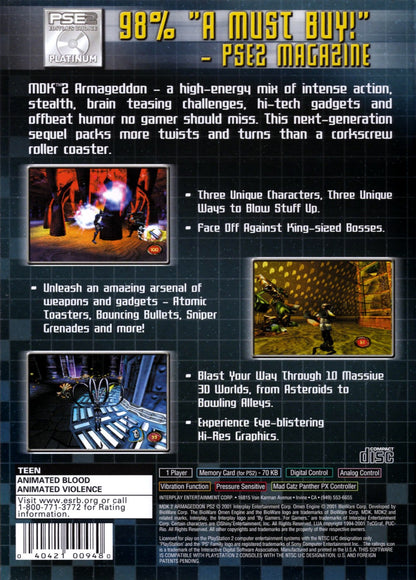 MDK 2 Armageddon PS2 Sony PlayStation 2 action shooter platformer sci fi third person combat quirky humor multiple playable characters sniper gameplay puzzle solving alien invasion story BioWare fast paced action retro gaming PlayStation 2 software video game title back cover art