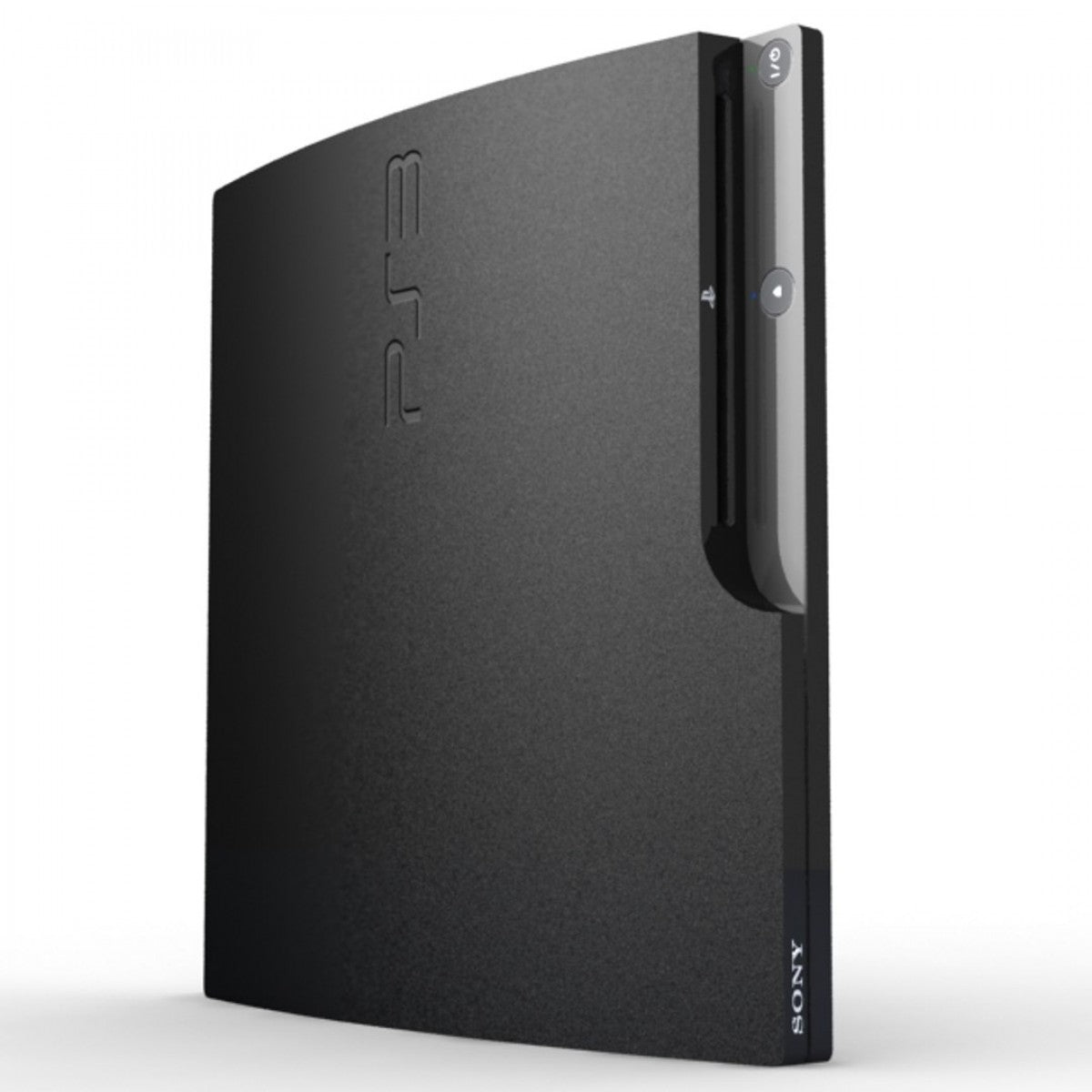 Vertical view of a Sony PS3 Slim console standing upright, showing the disc slot, power and eject buttons, and logo on the front face.