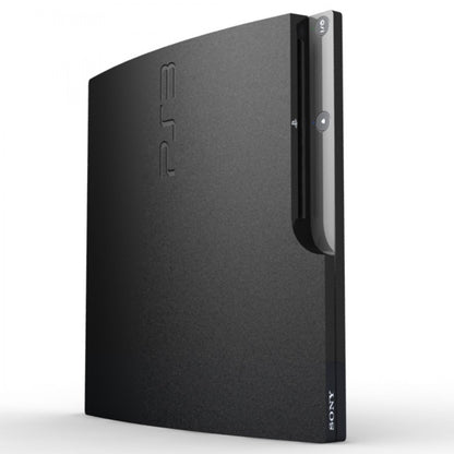 Vertical view of a Sony PS3 Slim console standing upright, showing the disc slot, power and eject buttons, and logo on the front face.