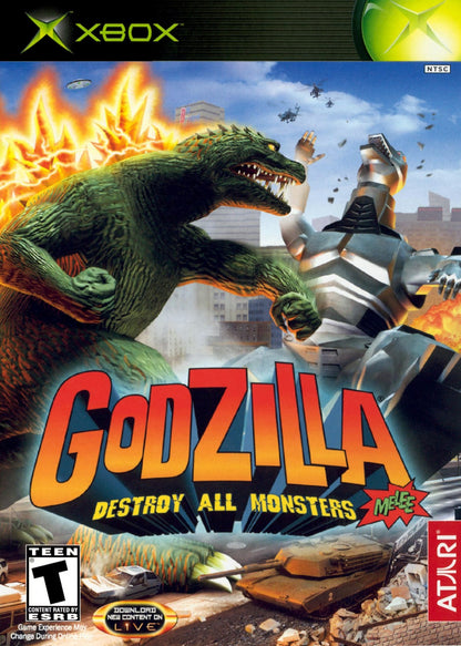 Godzilla Destroy All Monsters Melee game featuring arena fighting gameplay with giant kaiju battles destructible cities and multiplayer combat as iconic Godzilla monsters clash in arcade style action front cover