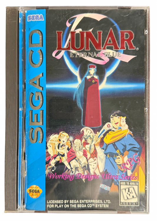 Lunar Eternal Blue Sega CD JRPG role playing game anime style fantasy adventure Working Designs turn based combat story driven sequel classic RPG cutscenes voice acting retro gaming Sega CD software video game title cover art