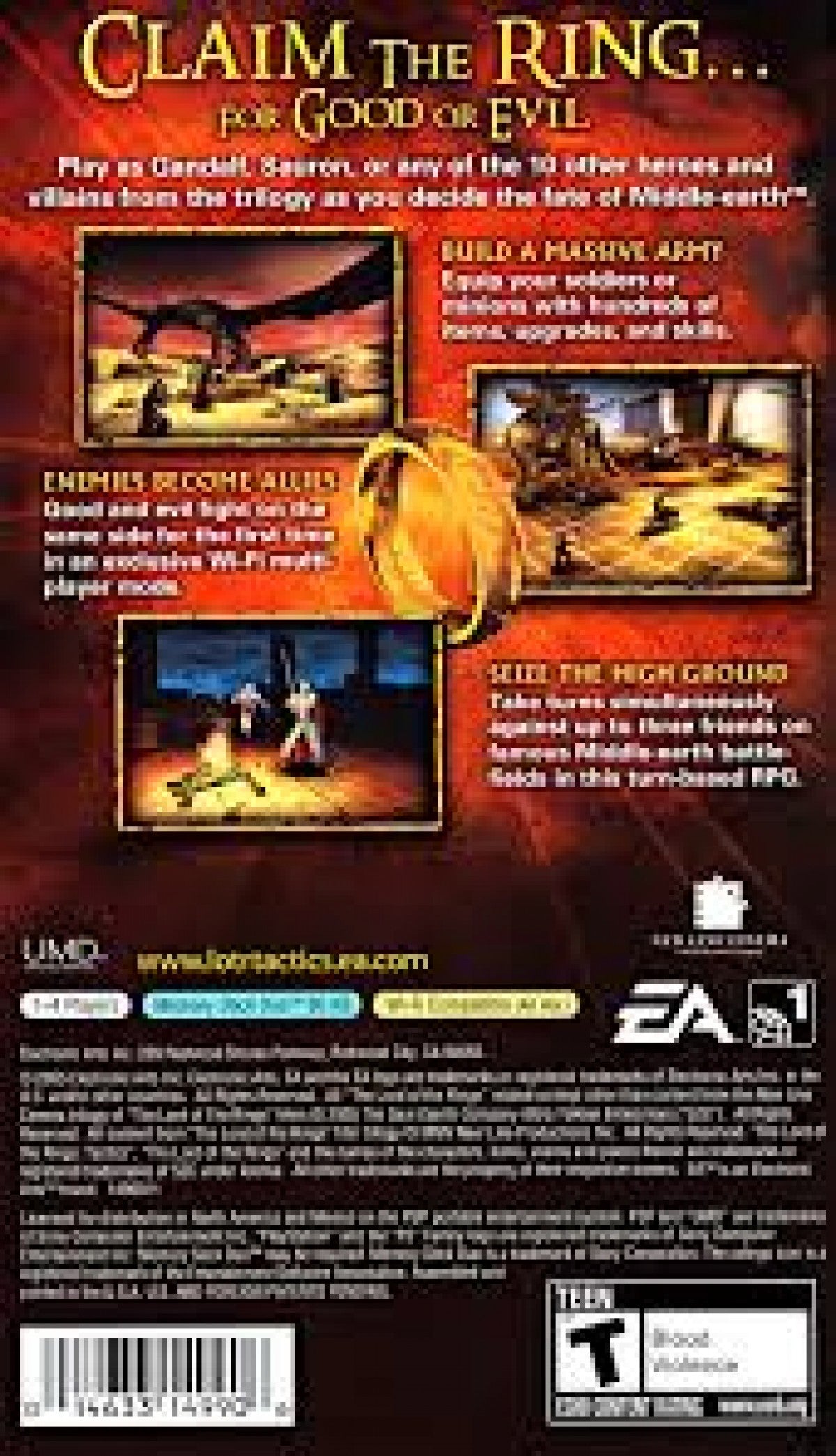 The Lord of the Rings Tactics back cover for PSP video game. 