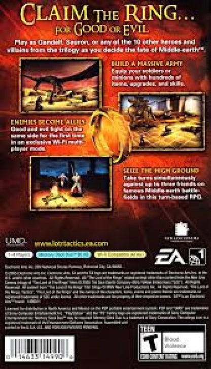 The Lord of the Rings Tactics back cover for PSP video game. 