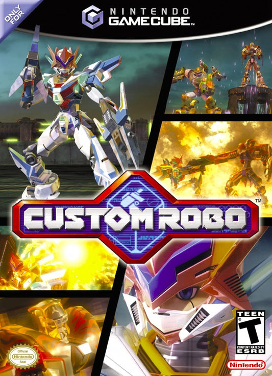 Custom Robo for GameCube, cover image for a sci-fi action fighting video game with customizable robots, arena battles, anime-style combat, and multiplayer mech gameplay