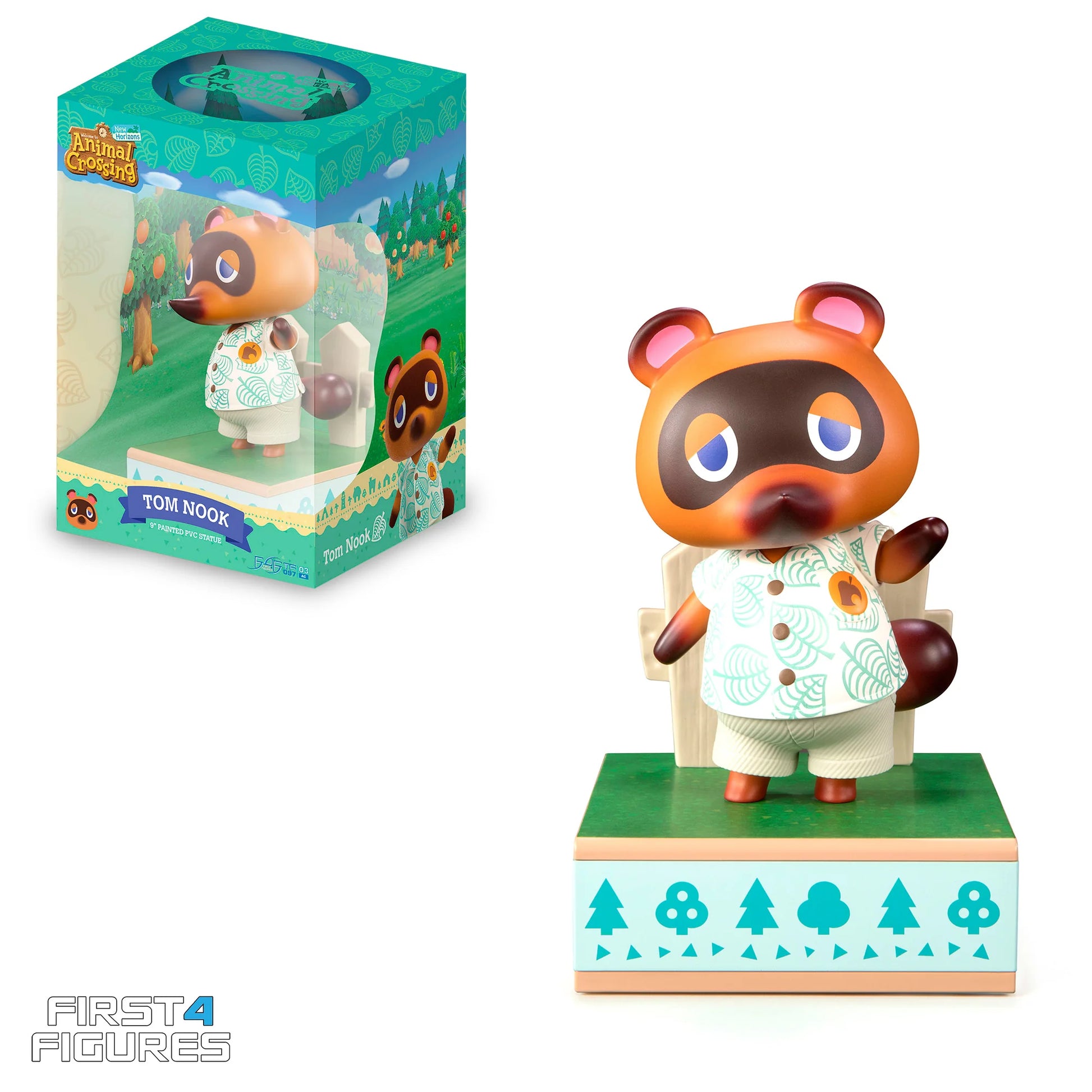 Tom Nook 9 inch statue by First 4 Figures detailed Animal Crossing collectible featuring iconic raccoon entrepreneur character design and premium display quality celebrating the Nintendo life simulation franchise