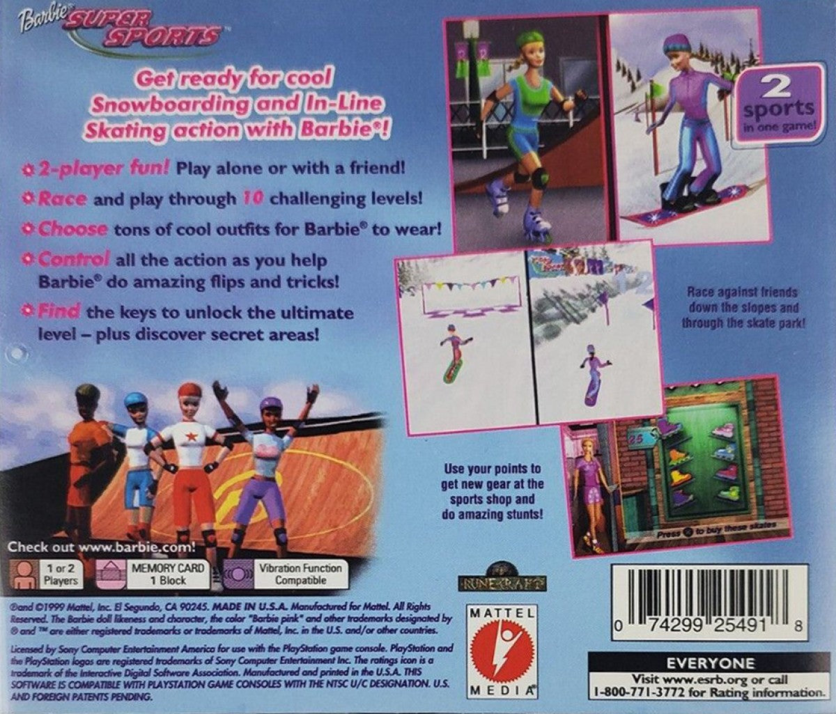 Barbie Super Sports for PlayStation 1 sports mini game collection featuring multiple athletic events colorful family friendly presentation simple controls and classic Barbie themed casual gaming experience back cover