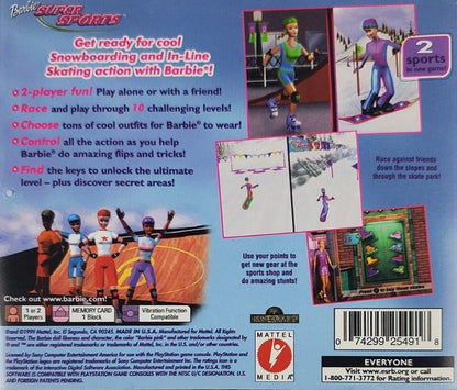 Barbie Super Sports for PlayStation 1 sports mini game collection featuring multiple athletic events colorful family friendly presentation simple controls and classic Barbie themed casual gaming experience back cover