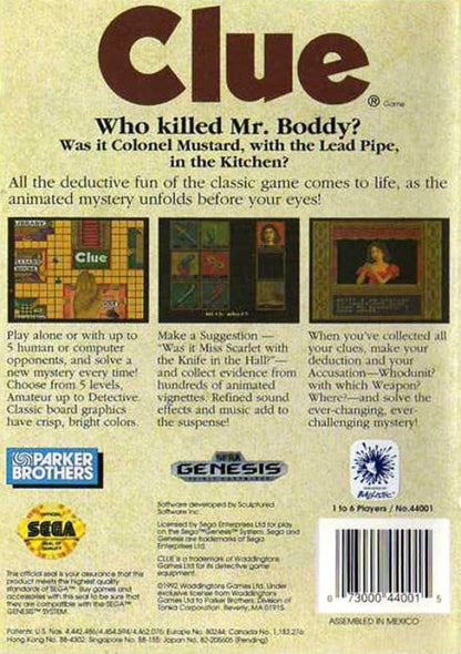 Clue back cover art for Sega Genesis (GEN) video game